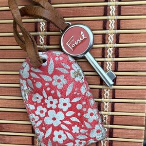 Fossil Brown Leather Keychain with Red Accent